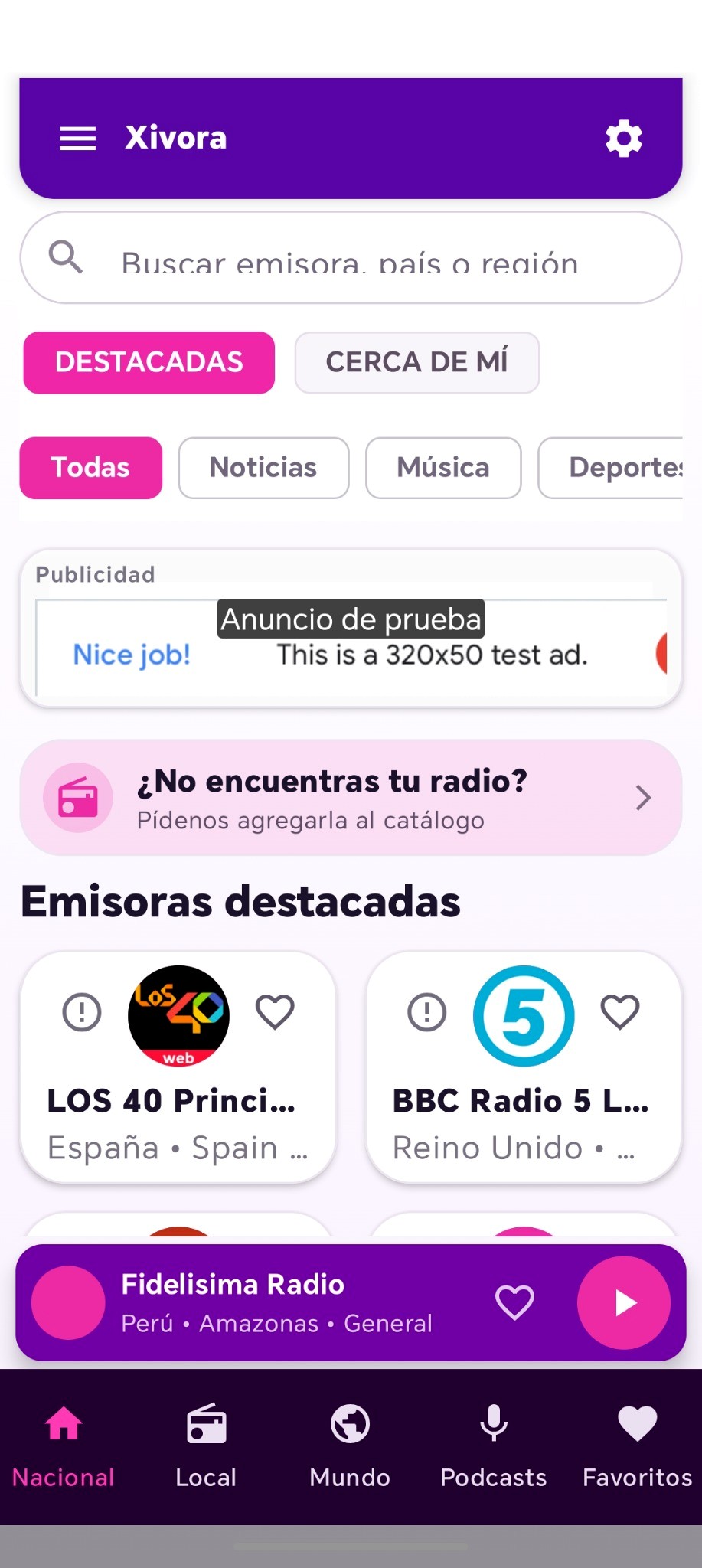 Pantalla principal de la aplicación Xivora